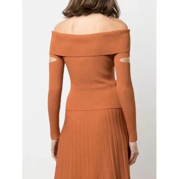 New Jonathan Simkhai Zayla Compact Knit Off Shoulder Sweater in Tobacco Size L